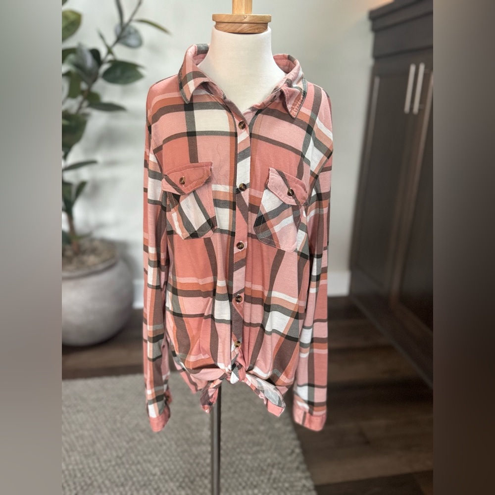 Passport Coral and Gray Plaid Shirt Girls Size 10